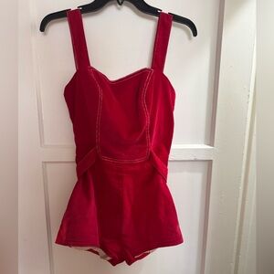 Vintage Red Structured corduroy Romper with Contrast Stitching
